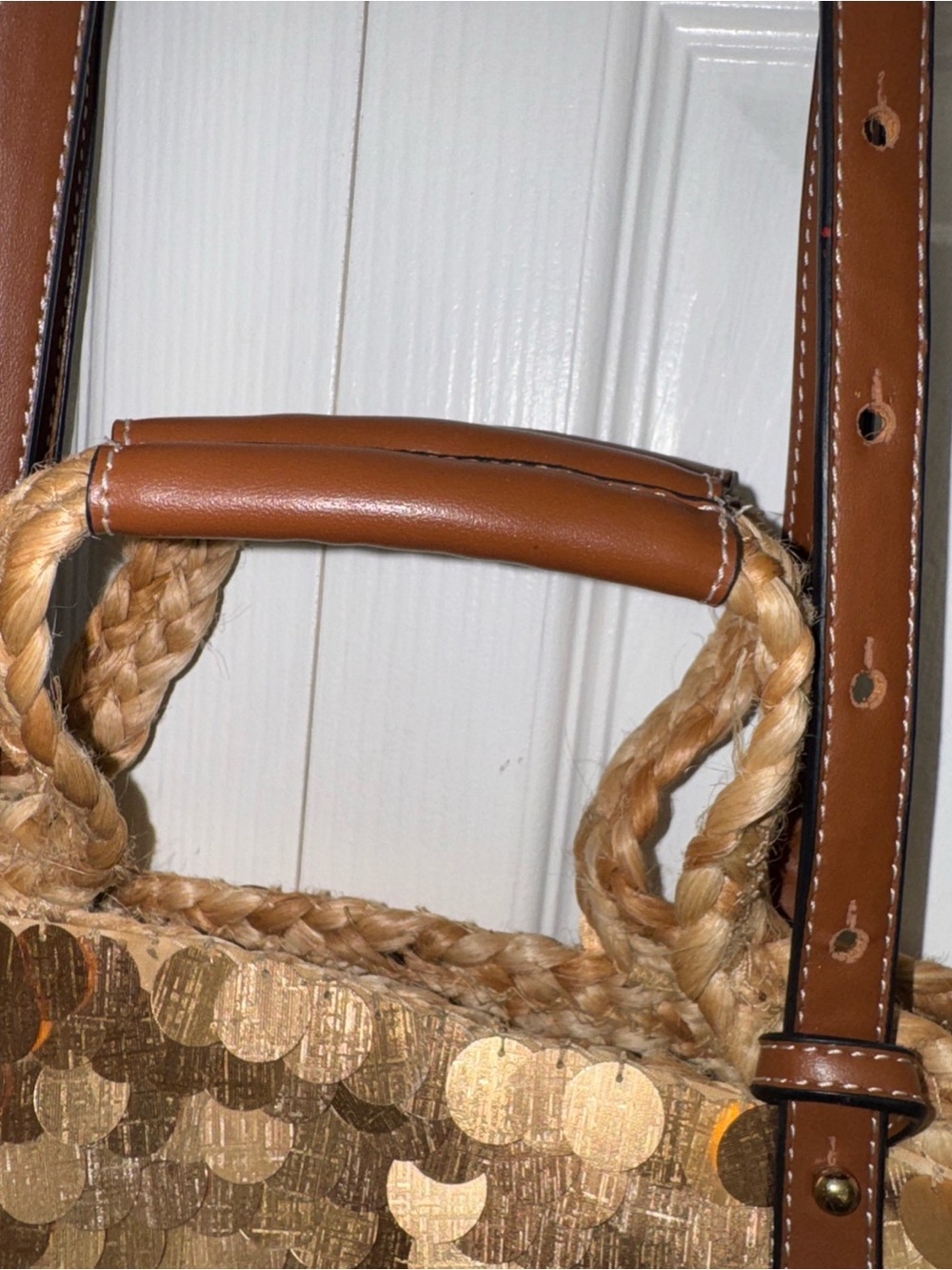 Zara Gold Sequin Straw Tote with Brown Handles - Picture 5 of 11